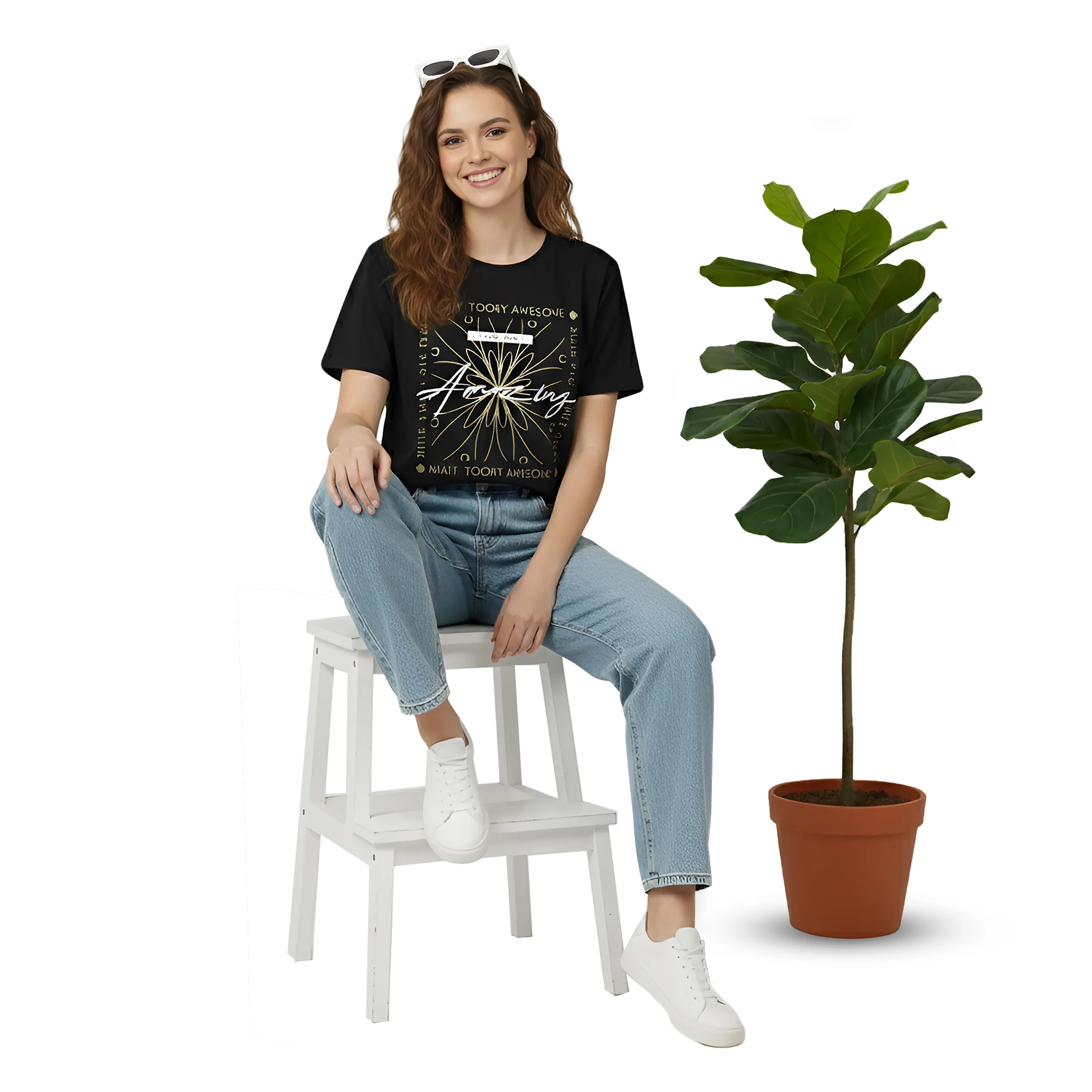 Women Oversized Round Neck Foil Graphic Tee