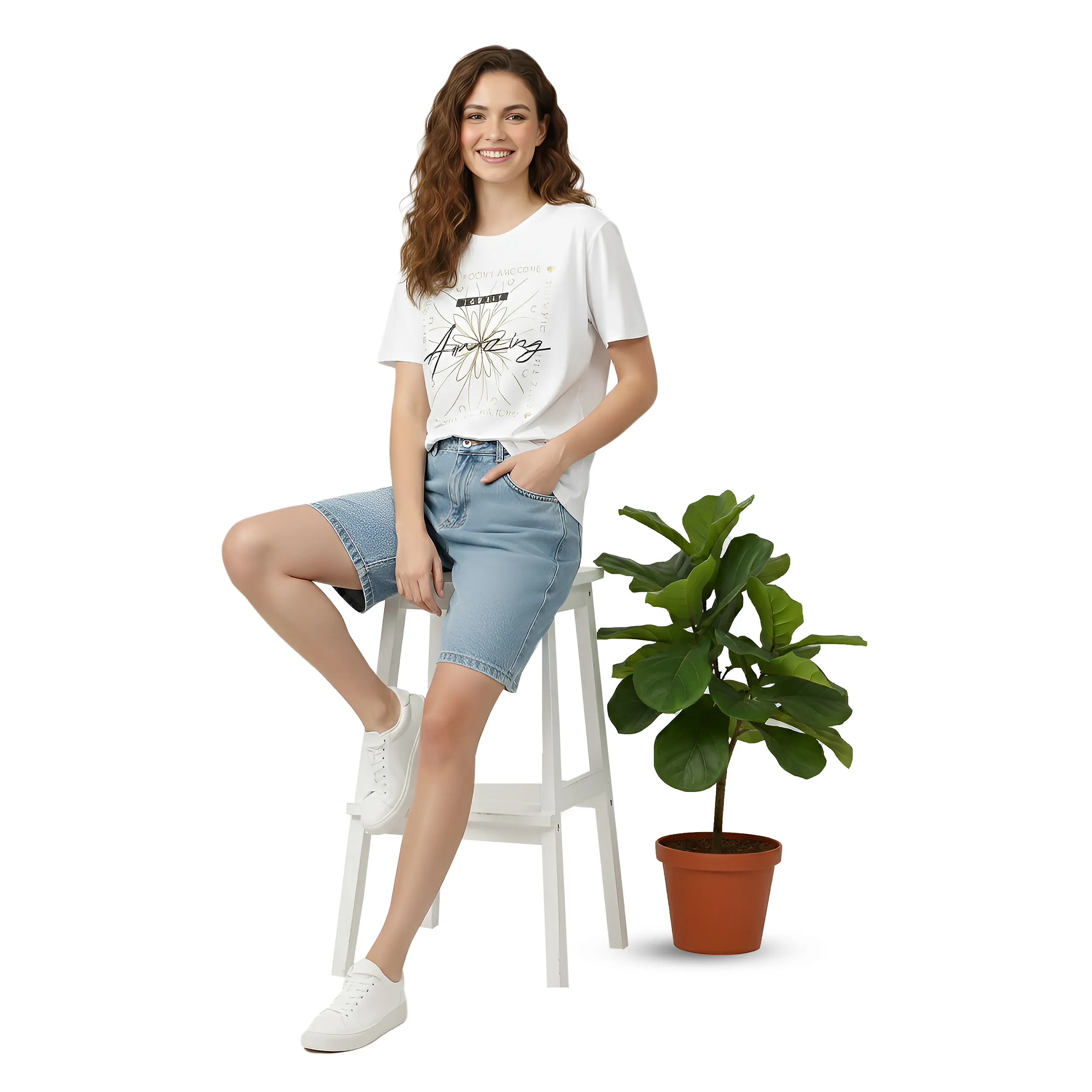 Women Oversized Round Neck Foil Graphic Tee