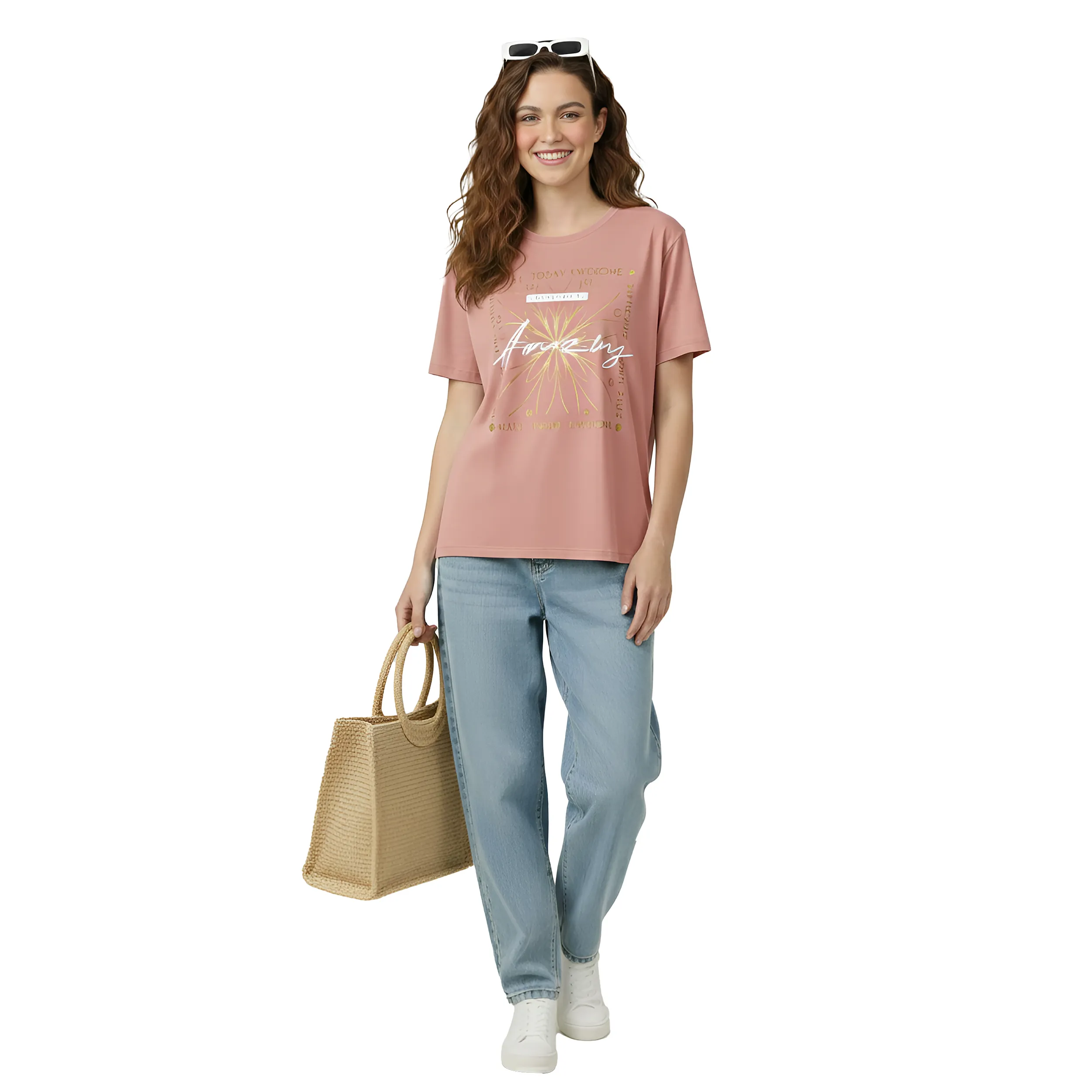 Women Oversized Round Neck Foil Graphic Tee