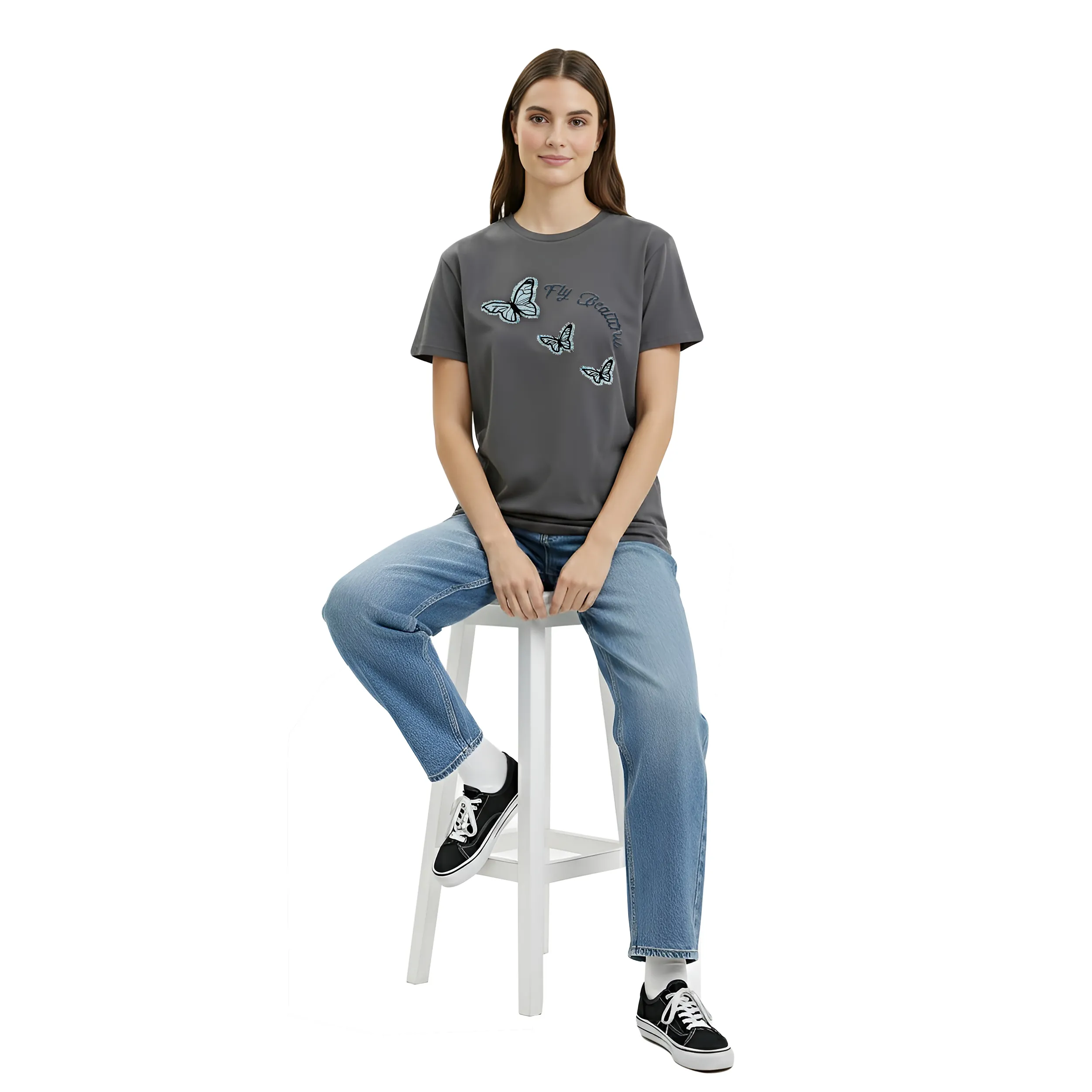 Butterfly Denim Patchwork Box Fit T-Shirt