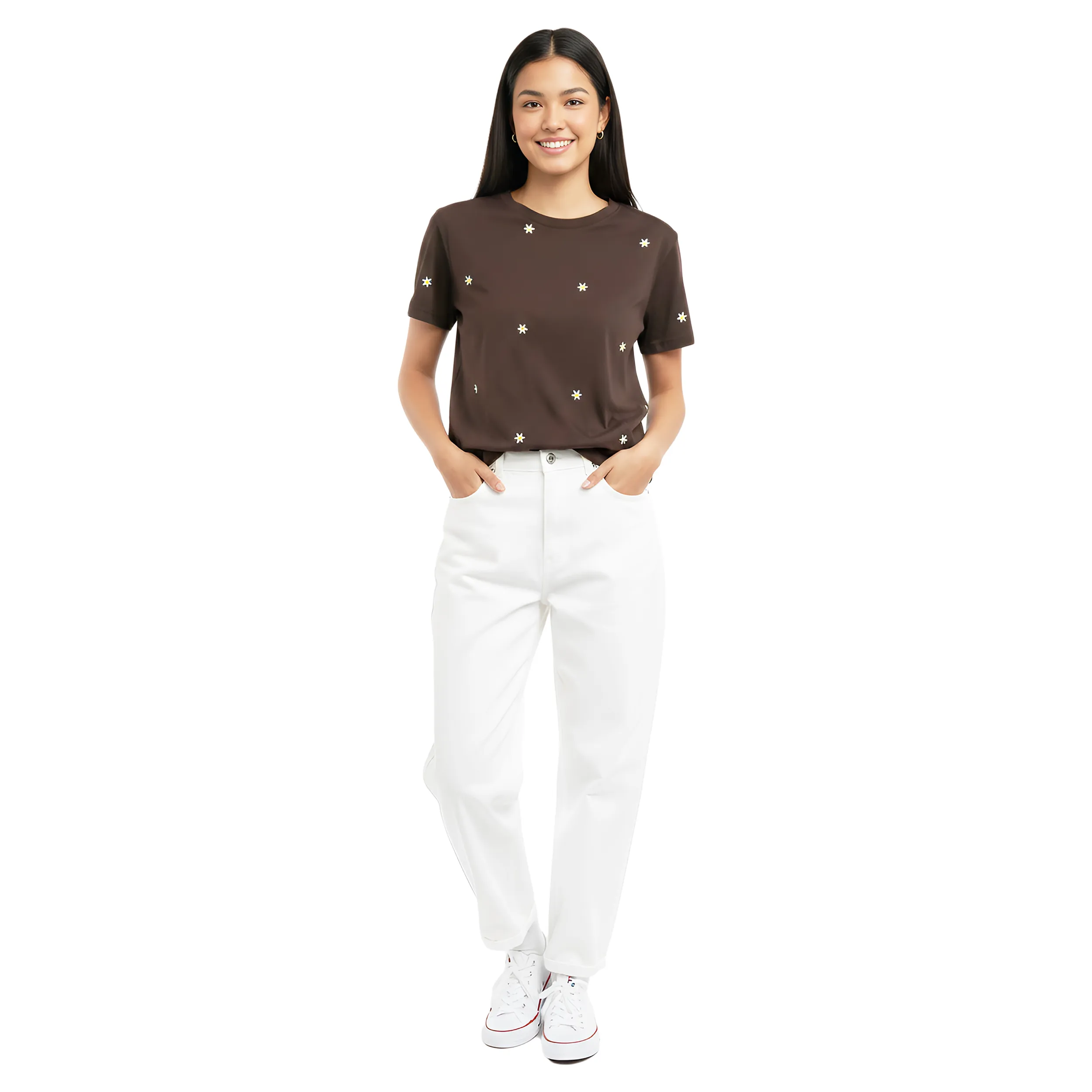 Floral Embroidered Box Fit T-Shirt  Cotton Round Neck Oversized Tee