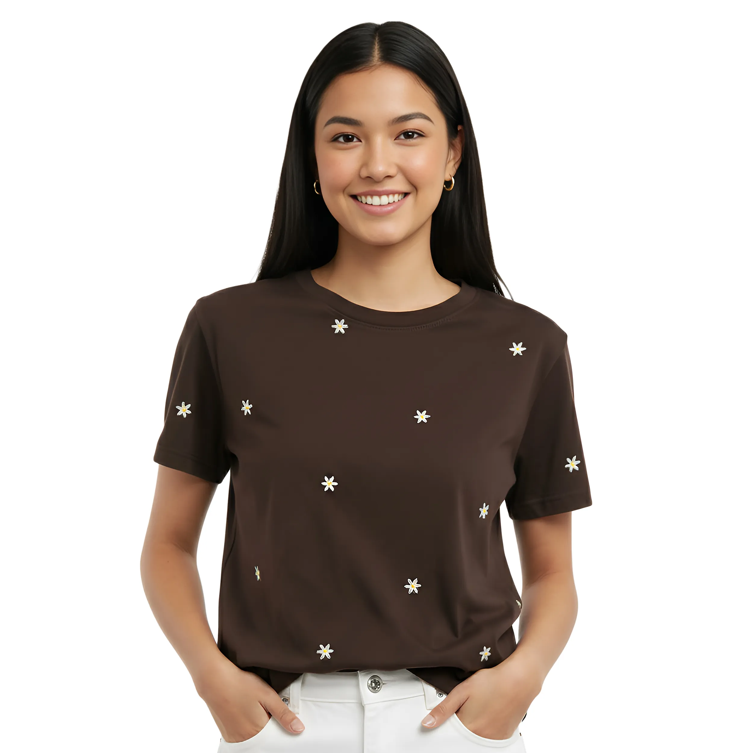 Floral Embroidered Box Fit T-Shirt  Cotton Round Neck Oversized Tee