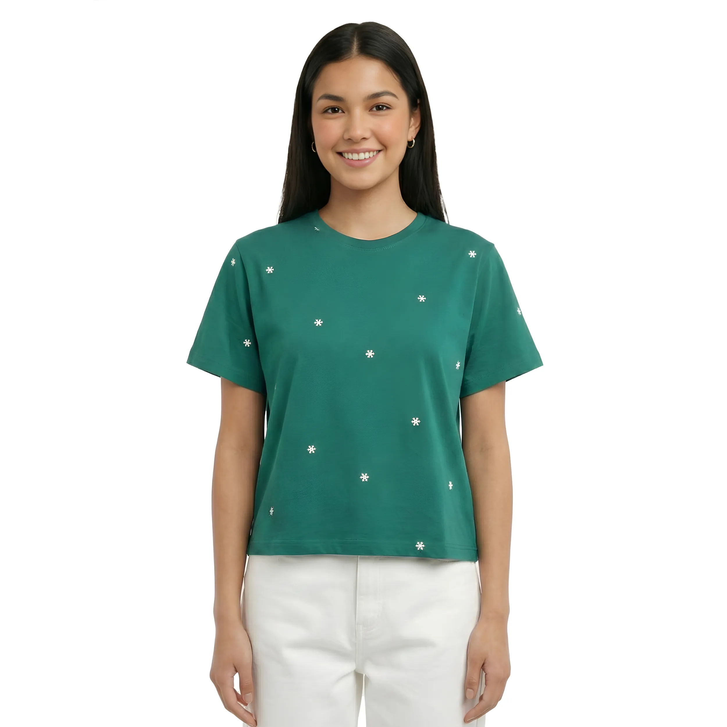 Floral Embroidered Box Fit T-Shirt  Cotton Round Neck Oversized Tee