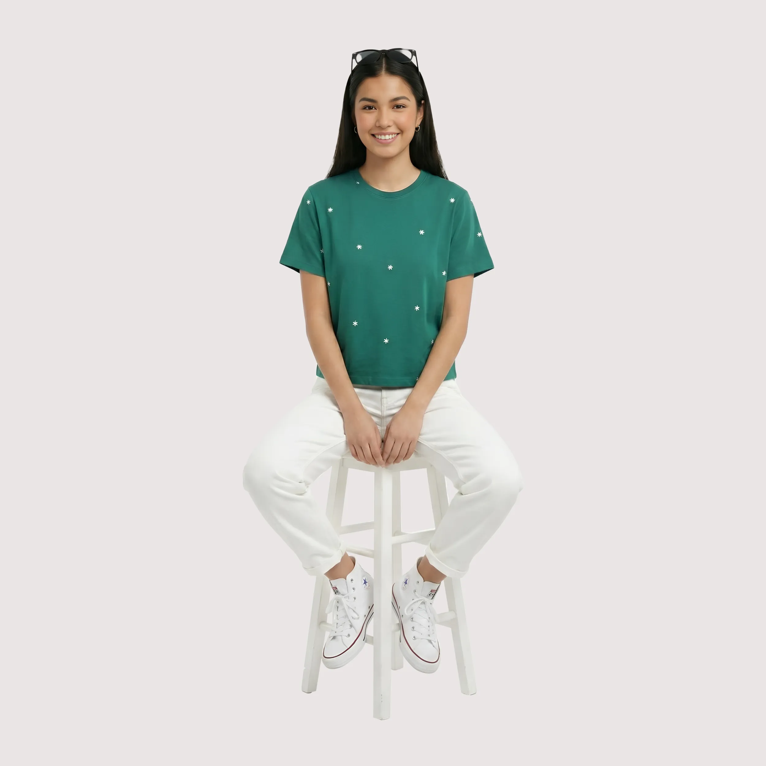 Floral Embroidered Box Fit T-Shirt  Cotton Round Neck Oversized Tee