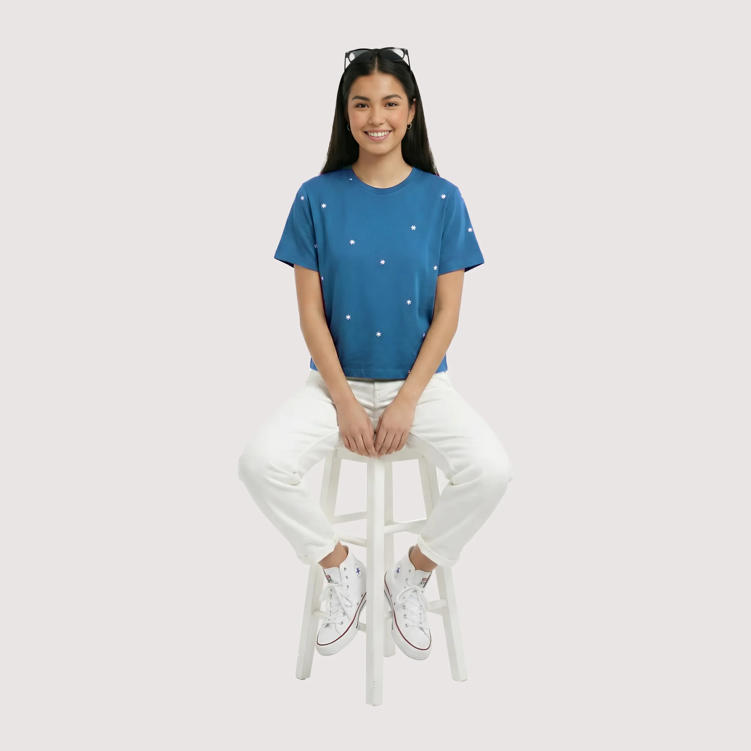 Floral Embroidered Box Fit T-Shirt  Cotton Round Neck Oversized Tee