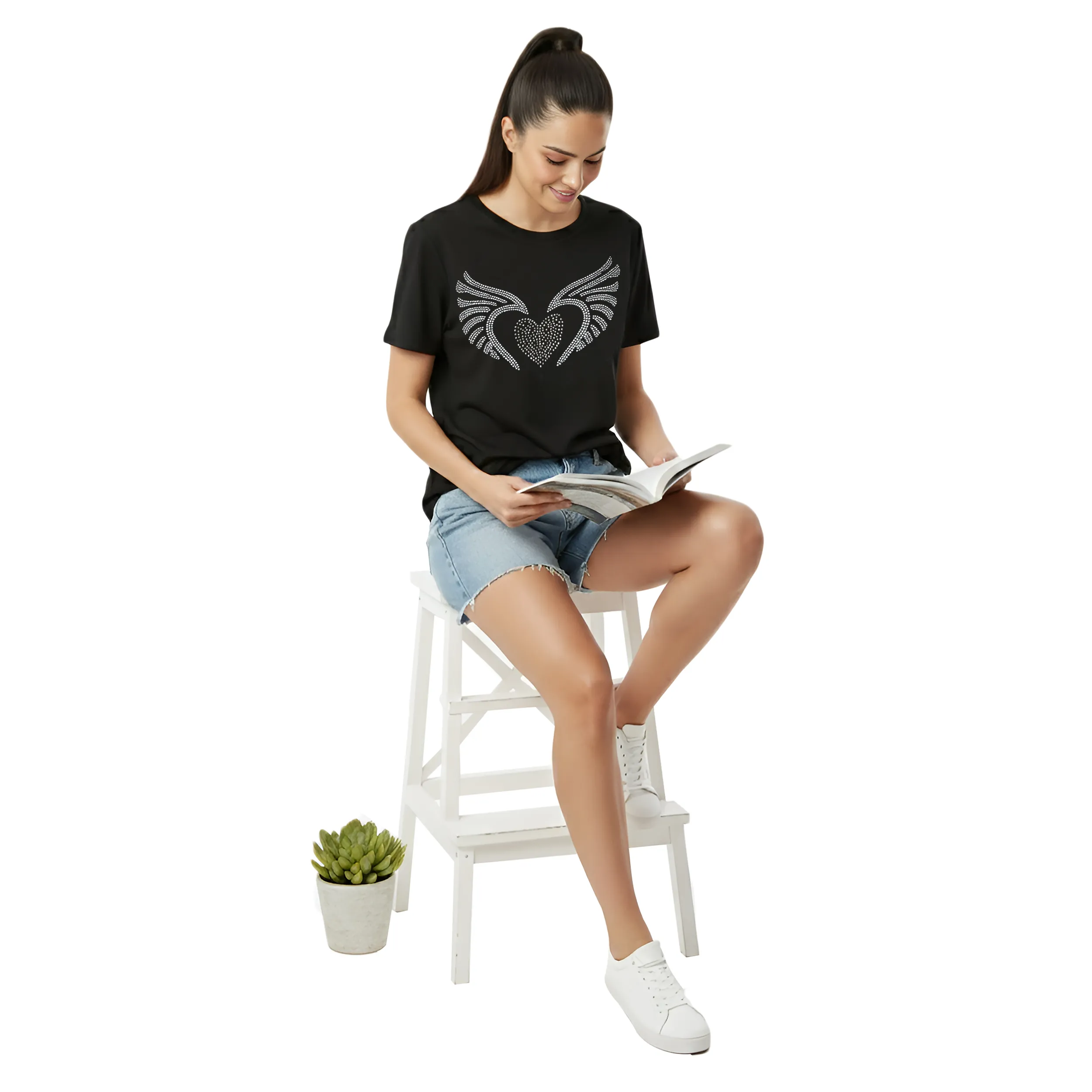 Women Wings Stone Work Box Fit T-Shirt