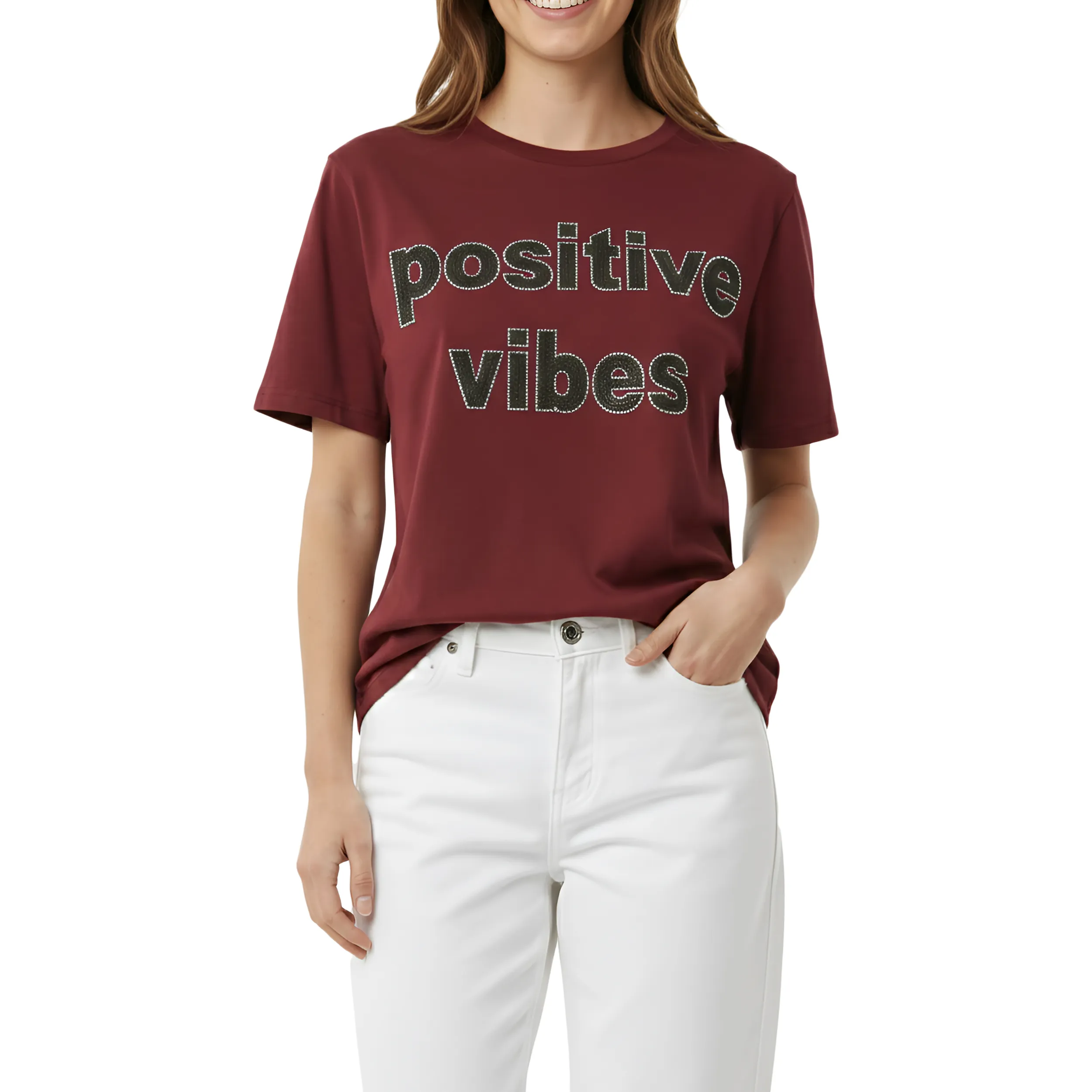 Women Positive Vibes Print & Stone Work Box Fit T-Shirt