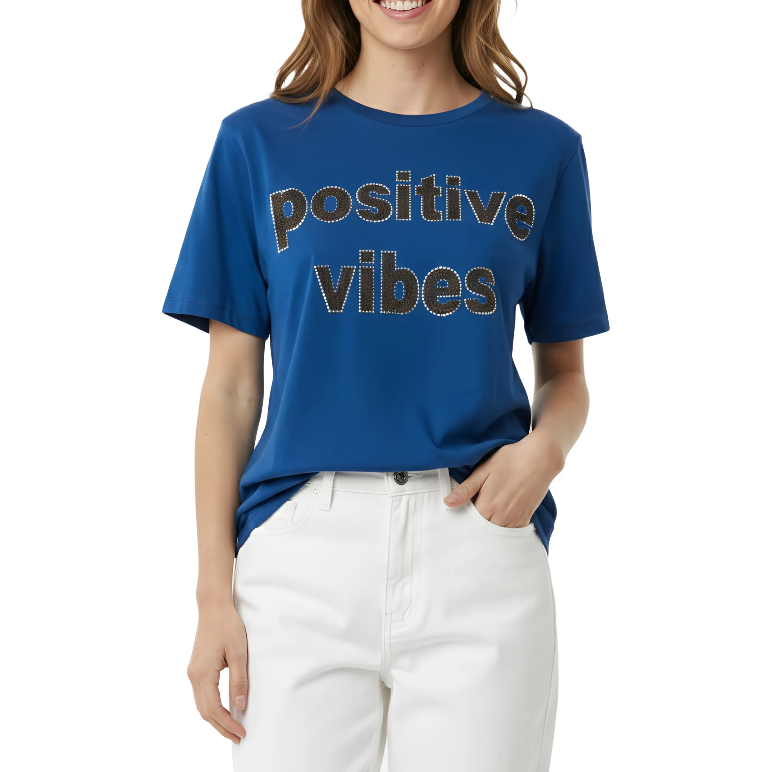 Women Positive Vibes Print & Stone Work Box Fit T-Shirt