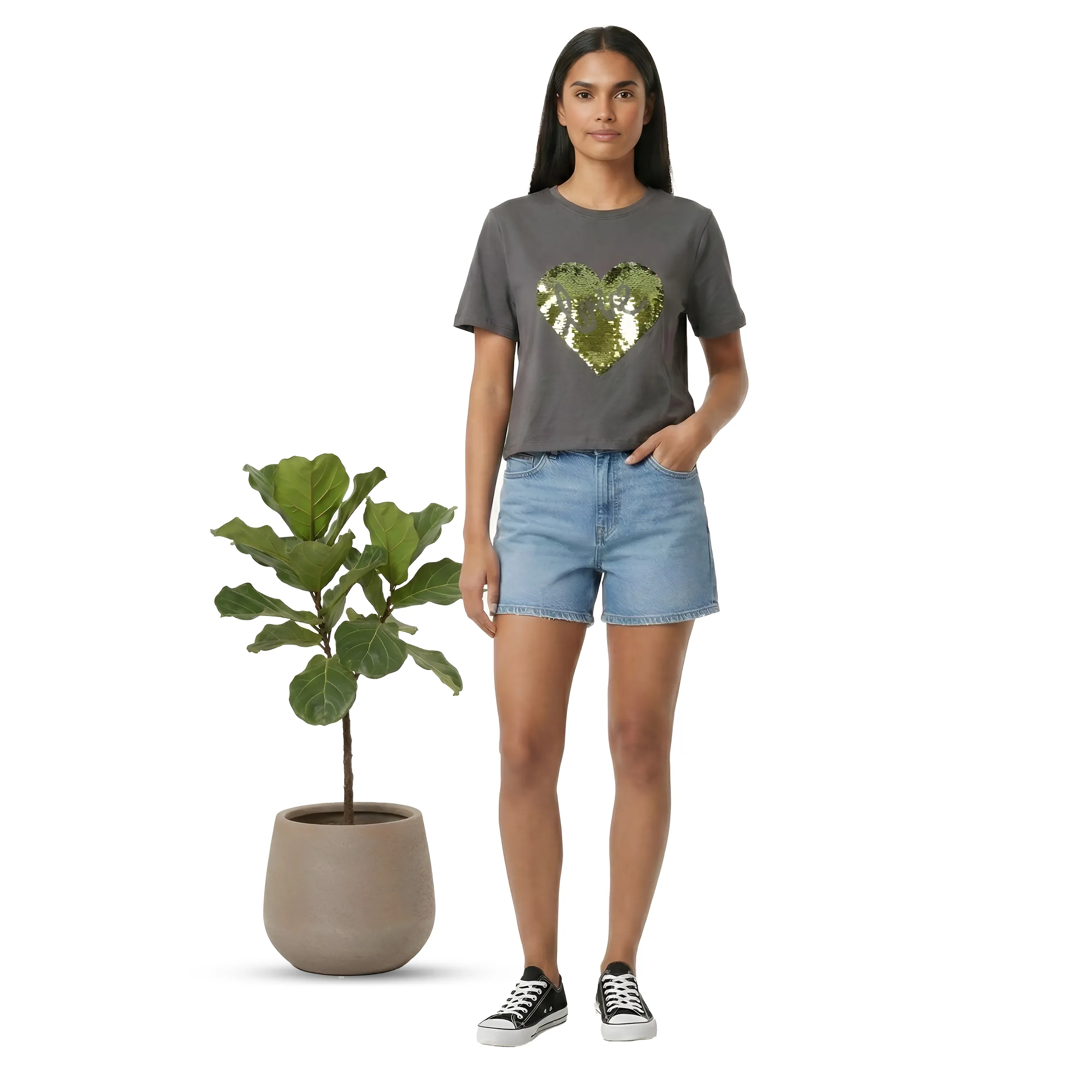 Women Sequin Work Box Fit T-Shirt