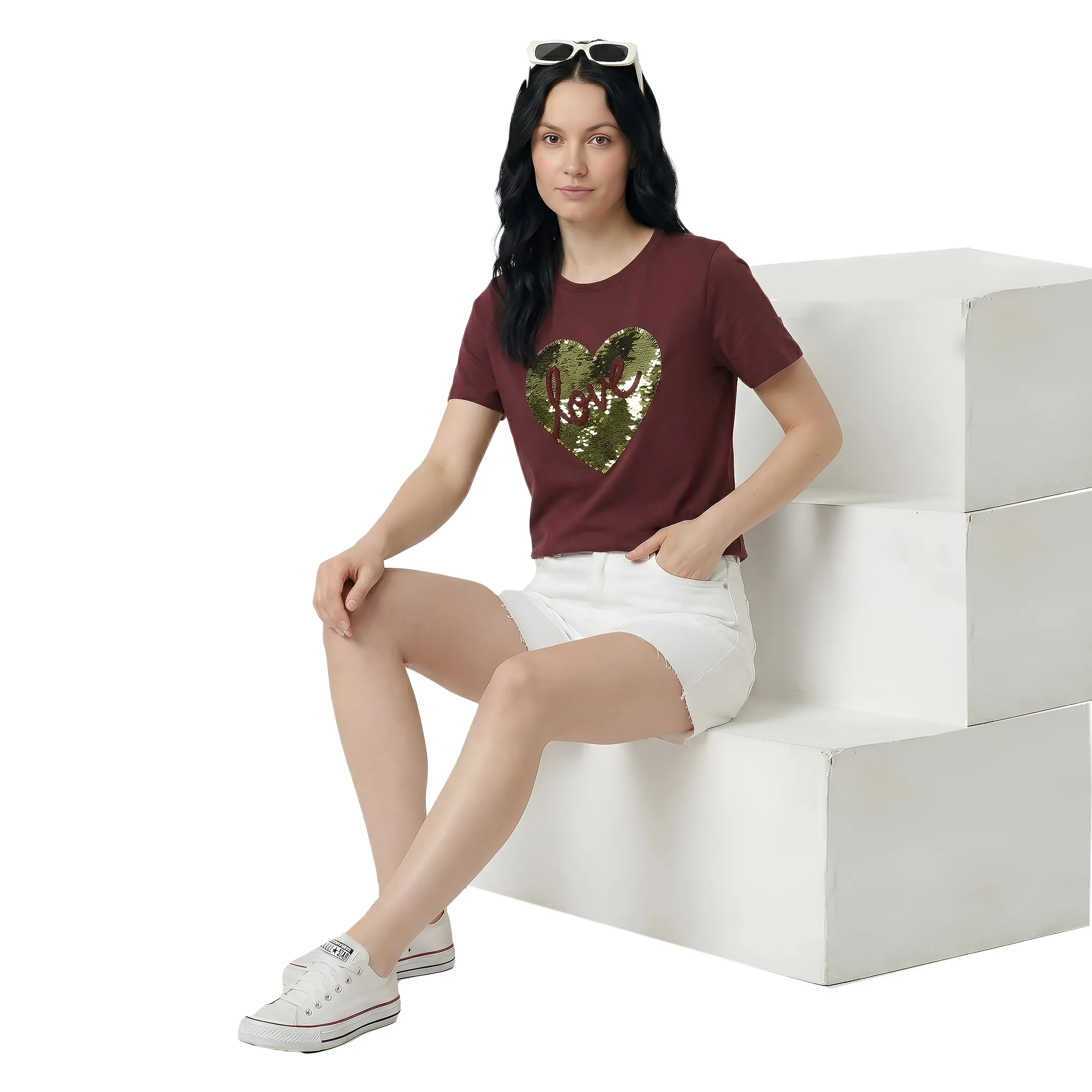 Women Sequin Work Box Fit T-Shirt