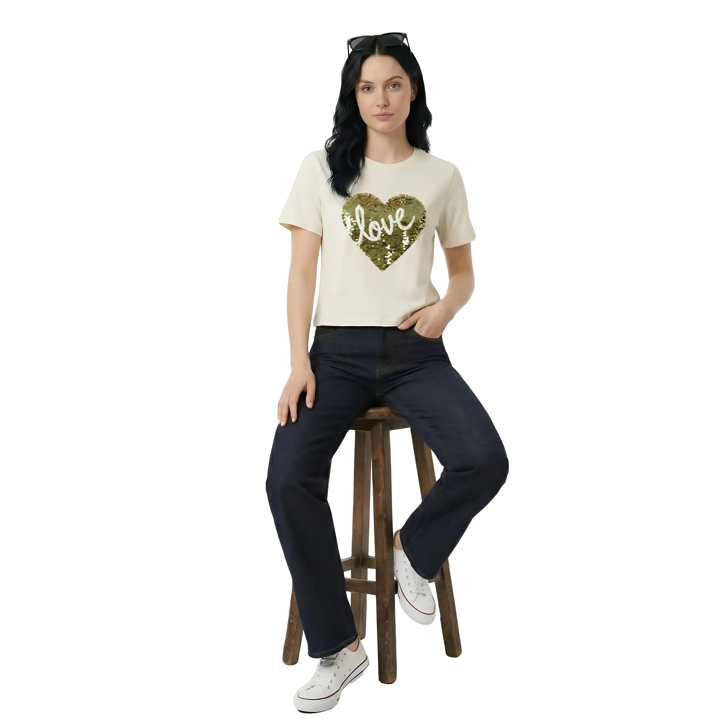 Women Sequin Work Box Fit T-Shirt