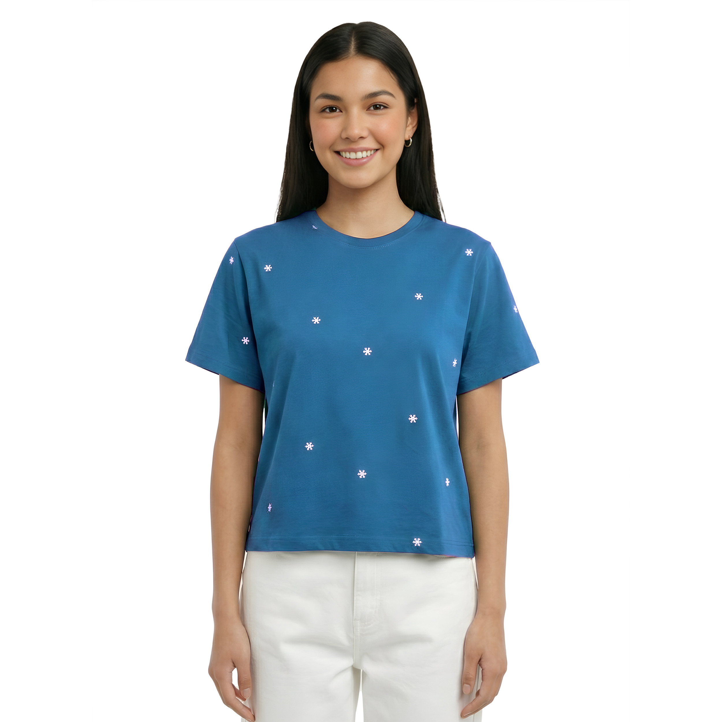 Floral Embroidered Box Fit T-Shirt  Cotton Round Neck Oversized Tee