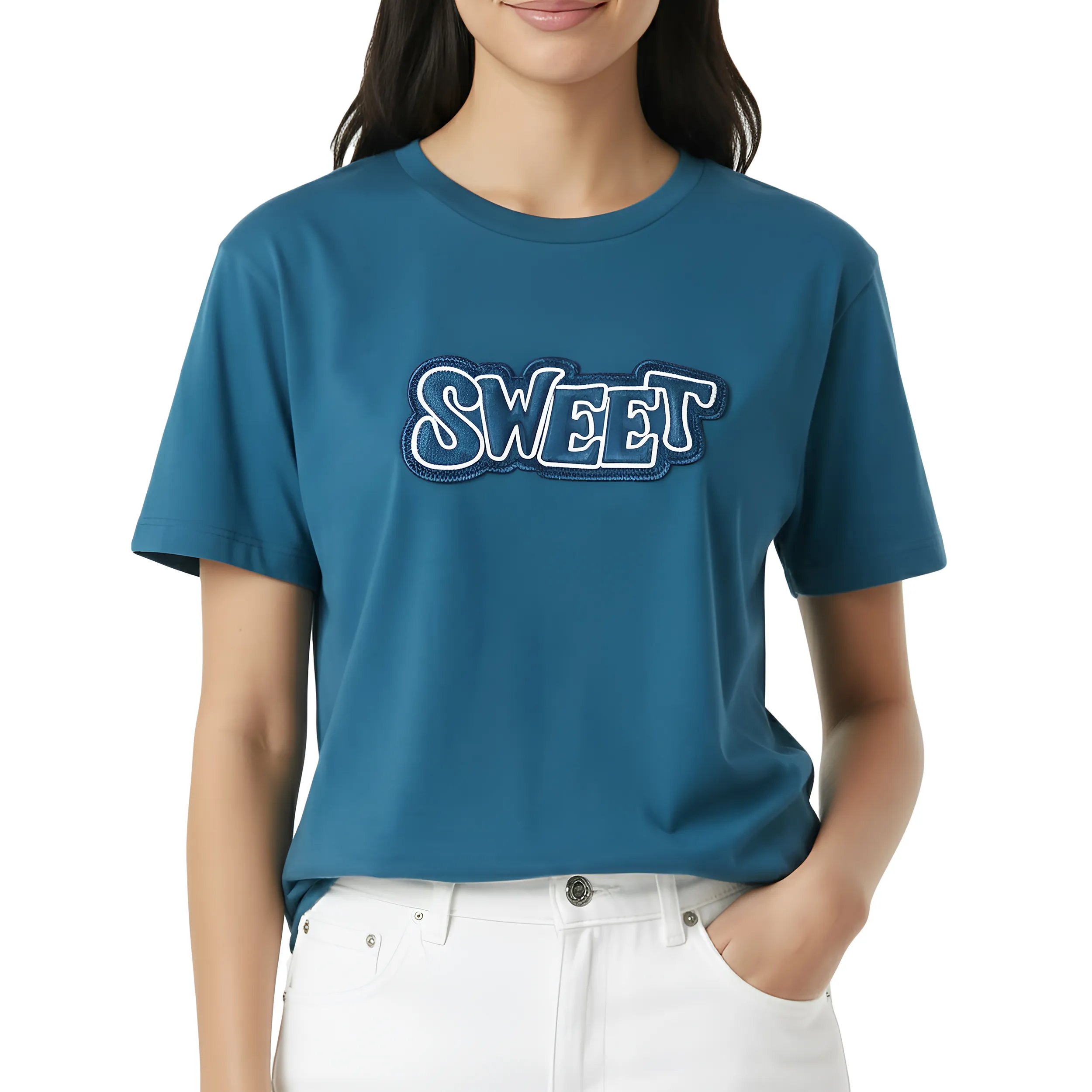 Women Denim Patchwork Box Fit T-Shirt