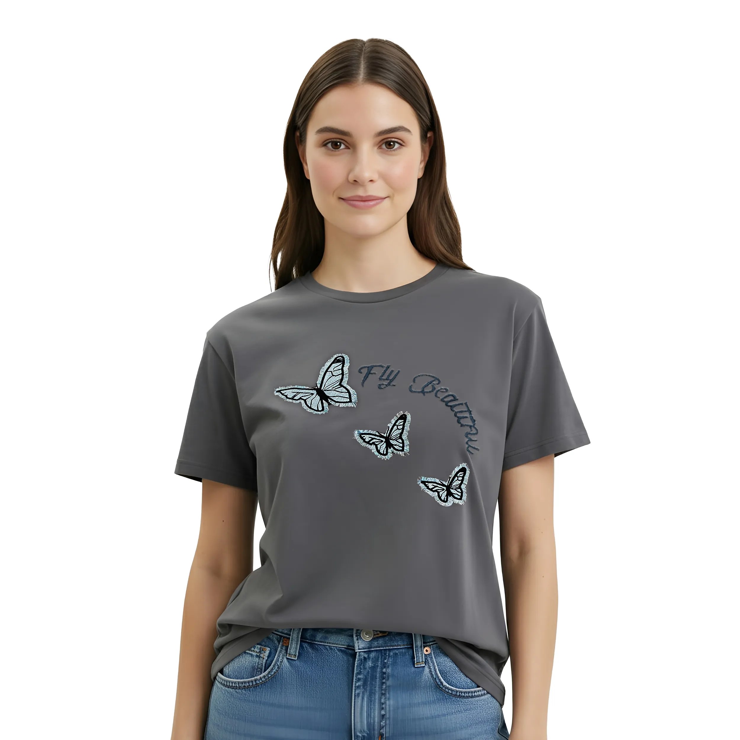 Butterfly Denim Patchwork Box Fit T-Shirt
