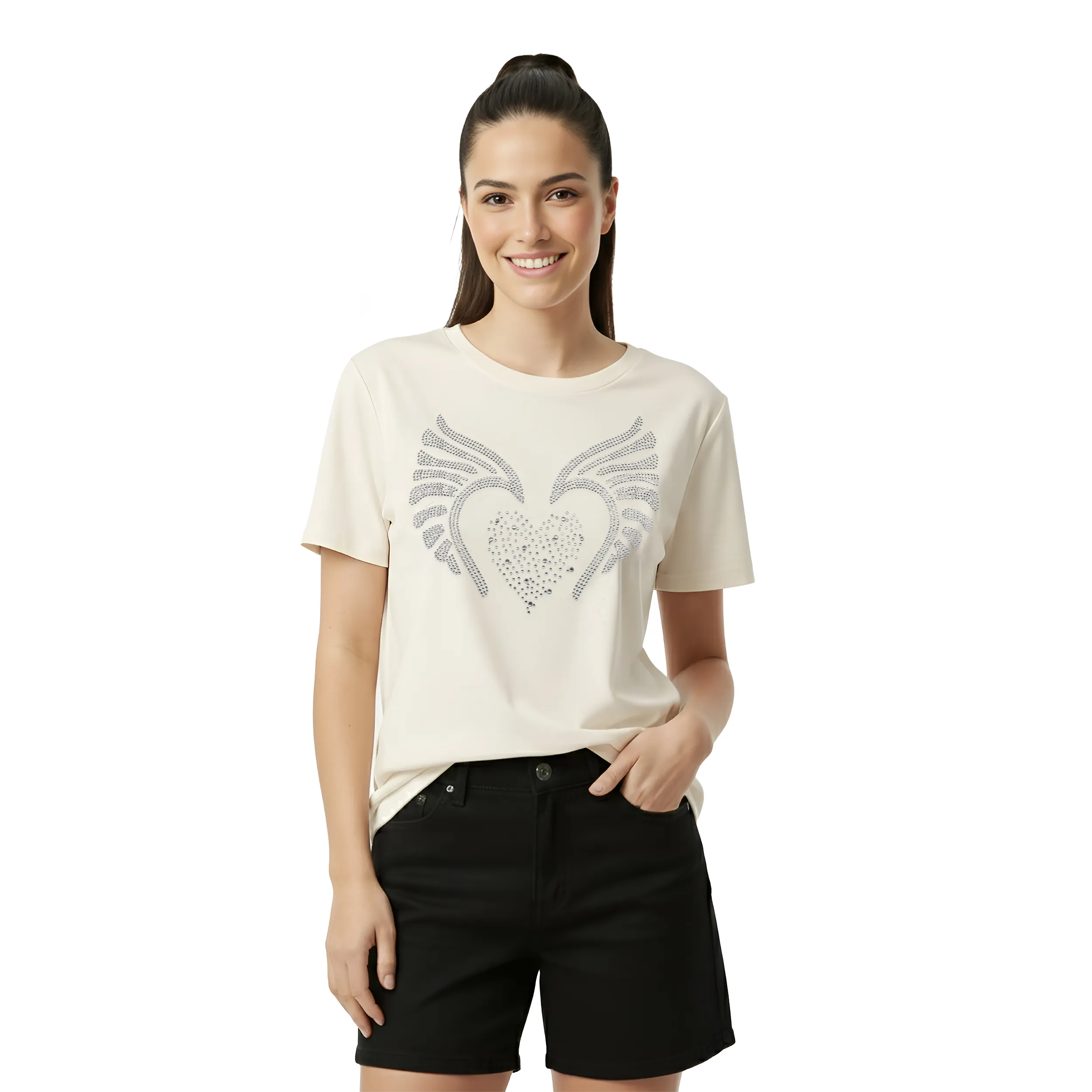 Women Wings Stone Work Box Fit T-Shirt