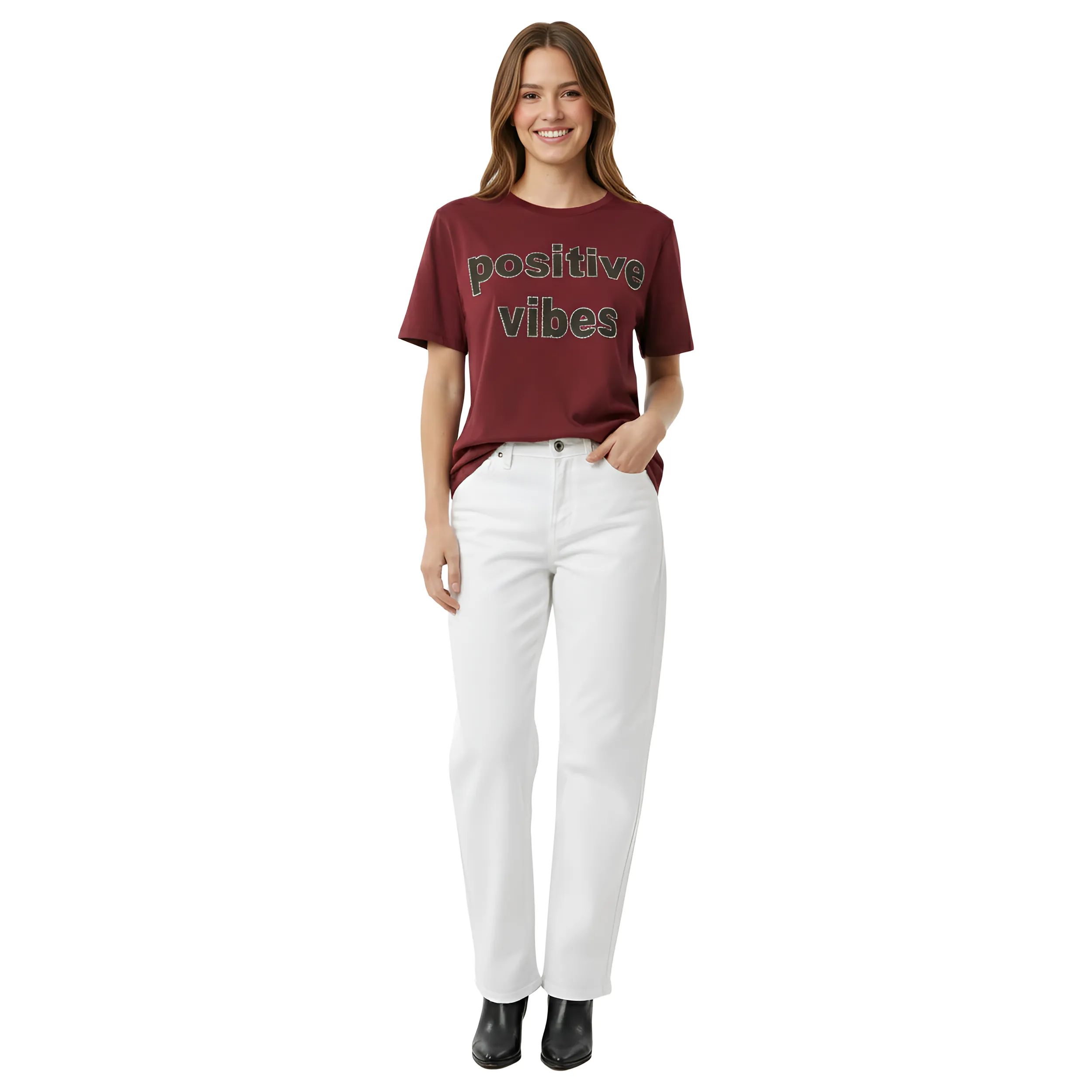 Women Positive Vibes Print & Stone Work Box Fit T-Shirt