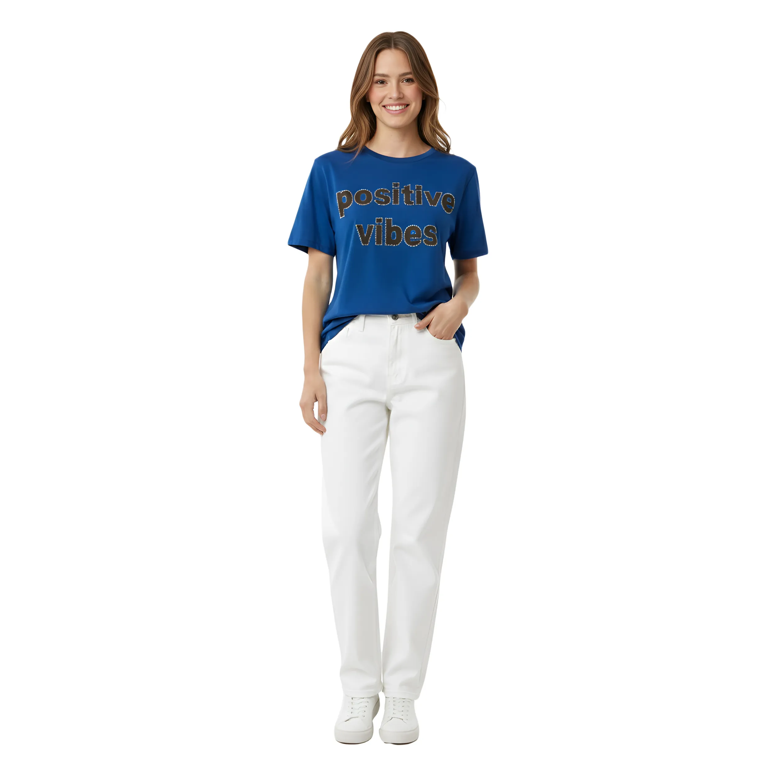 Women Positive Vibes Print & Stone Work Box Fit T-Shirt