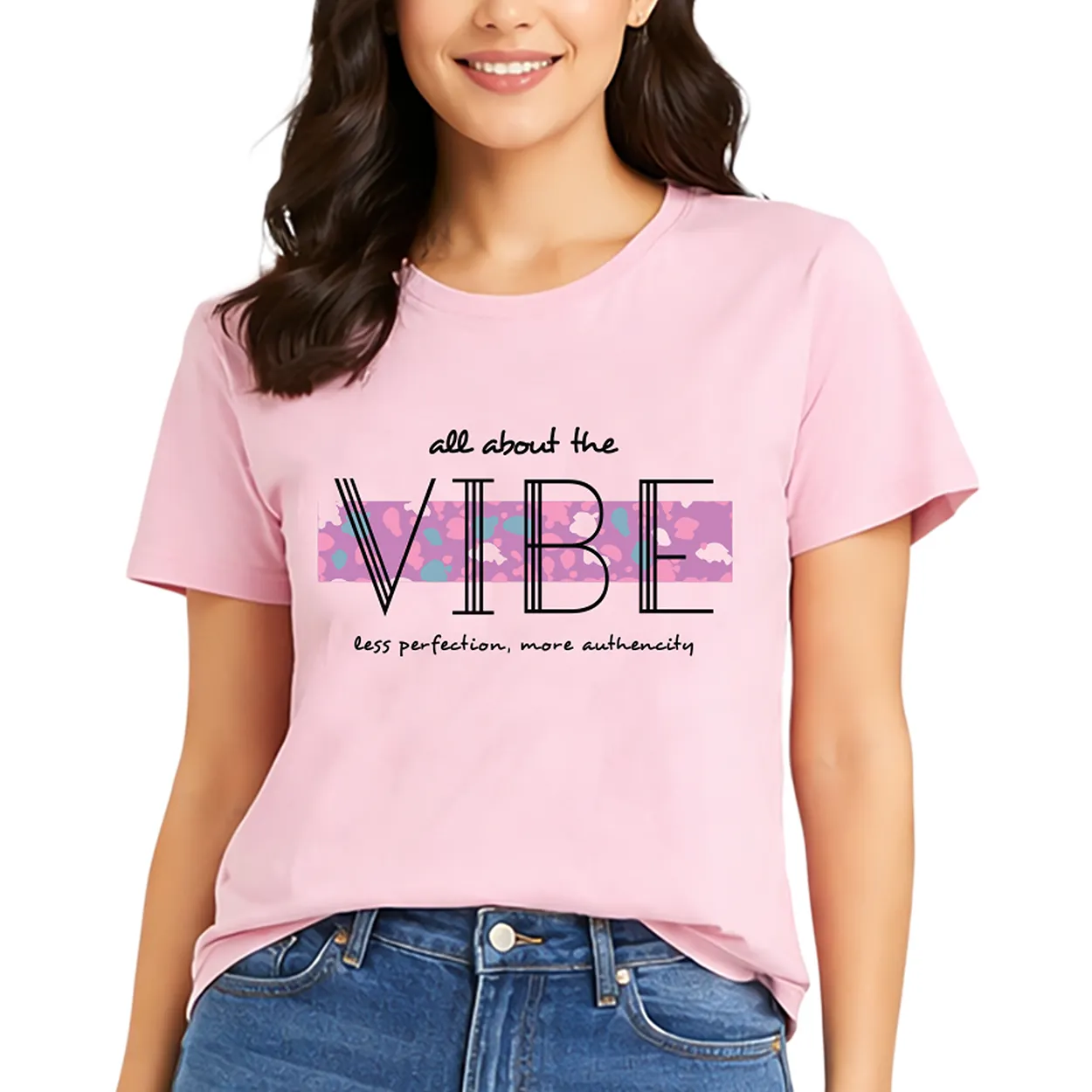 Printed Round Neck T-Shirt Regular Short Sleeve Top for Everyday Wear