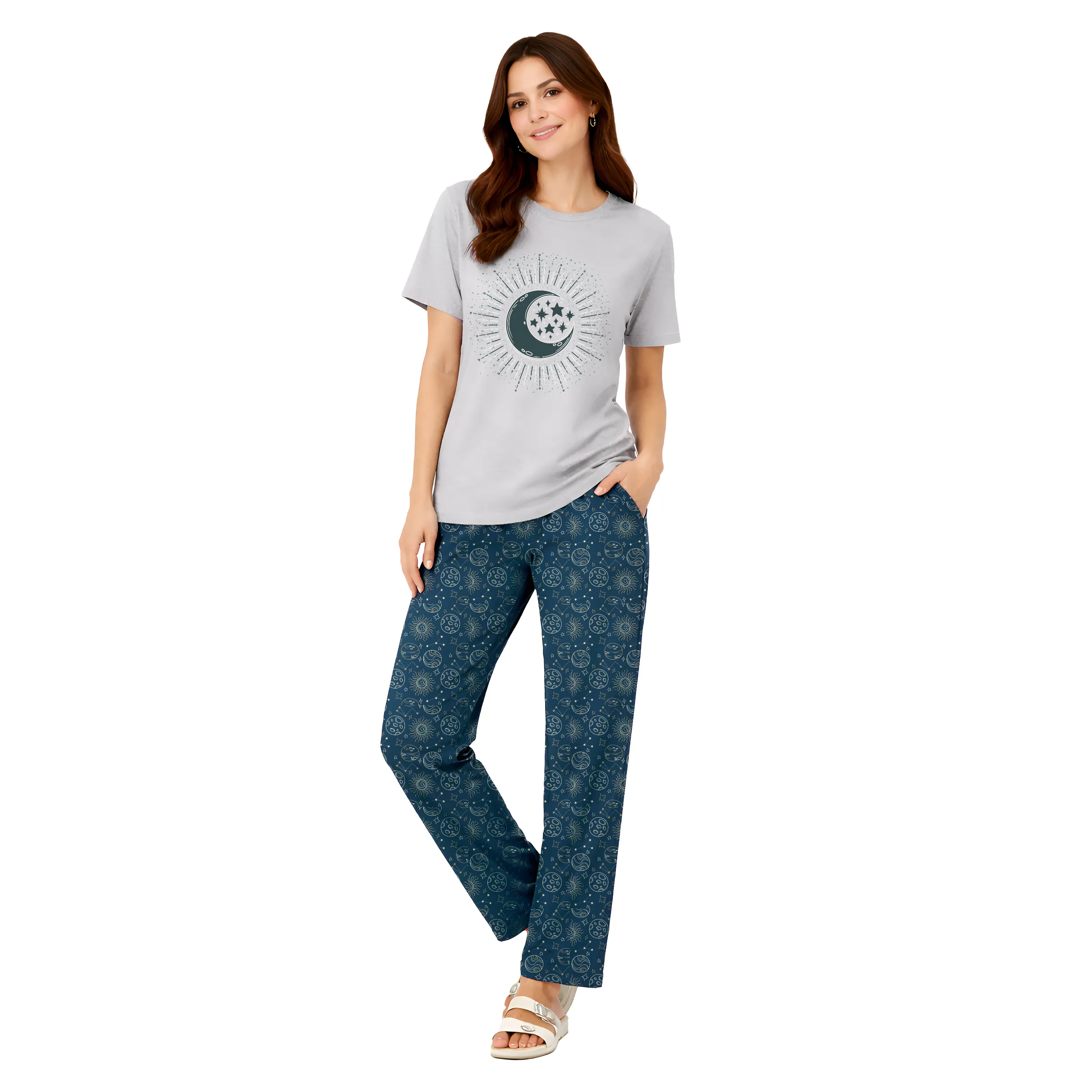 Women Printed Nightwear Set | Soft Cotton Blend T-shirt & Pyjama Set | Relaxed Fit Sleepwear