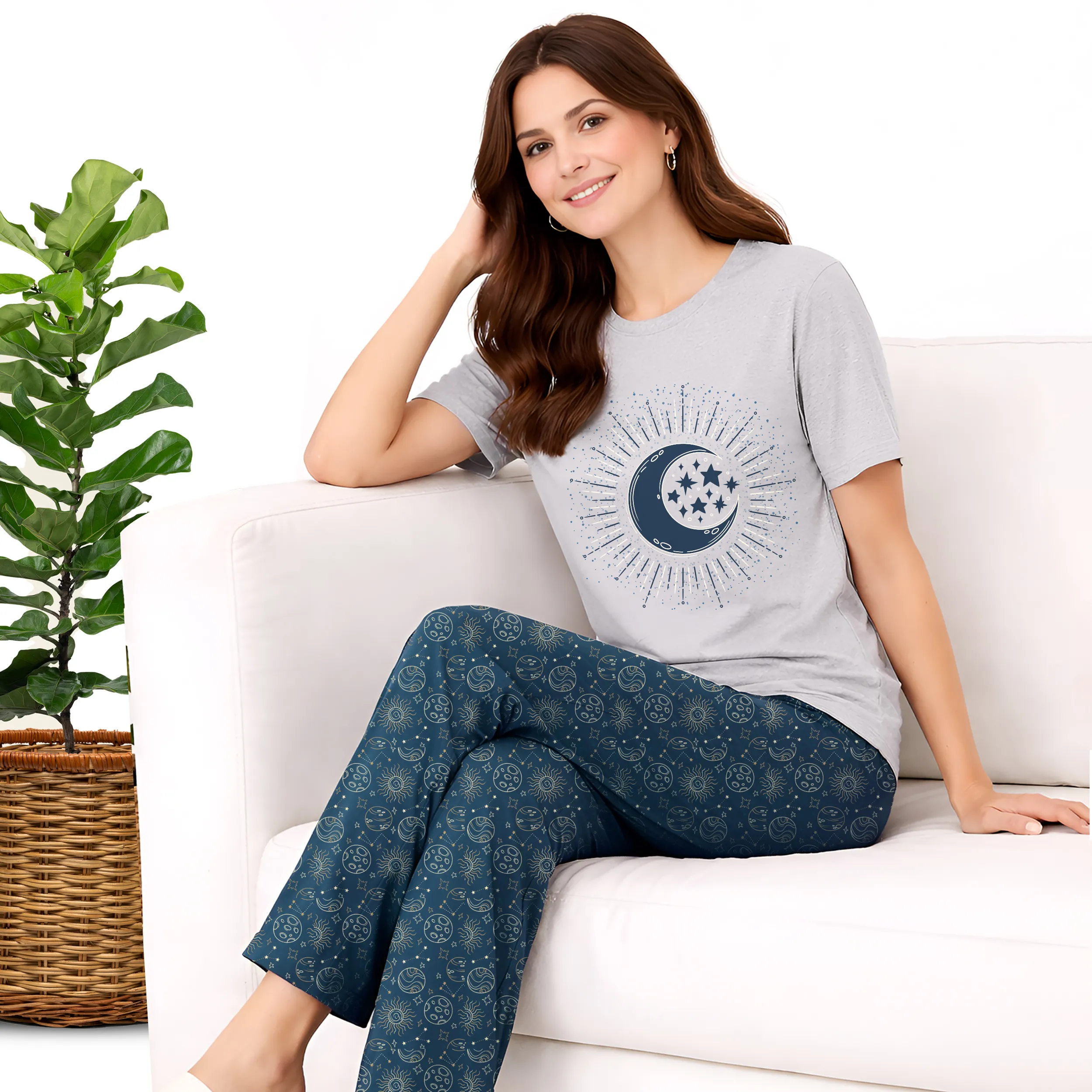 Women Printed Nightwear Set | Soft Cotton Blend T-shirt & Pyjama Set | Relaxed Fit Sleepwear