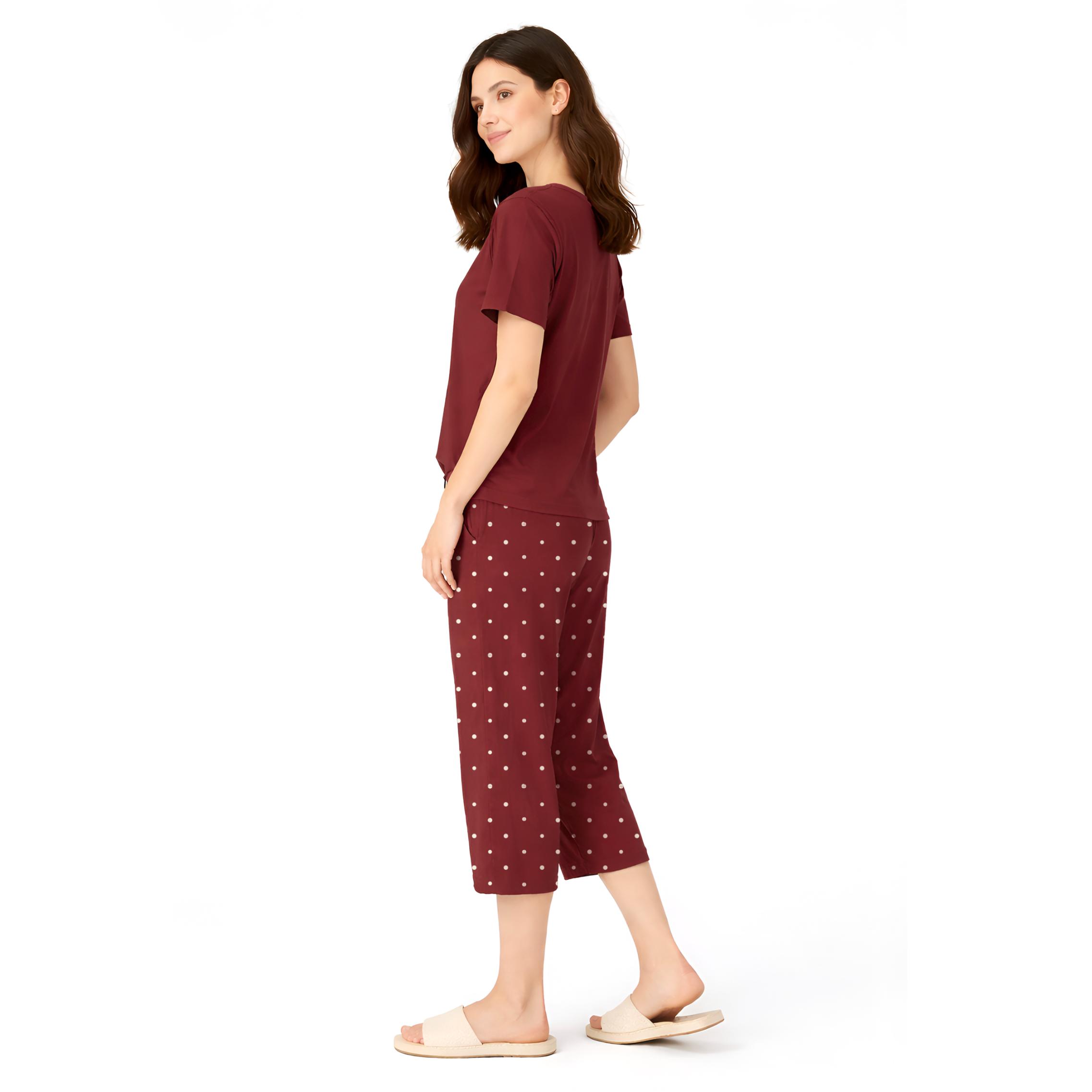 Women’s Printed Cotton Night Suit Set Soft Half Sleeve T-Shirt & Capri Pajama Nightwear Combo