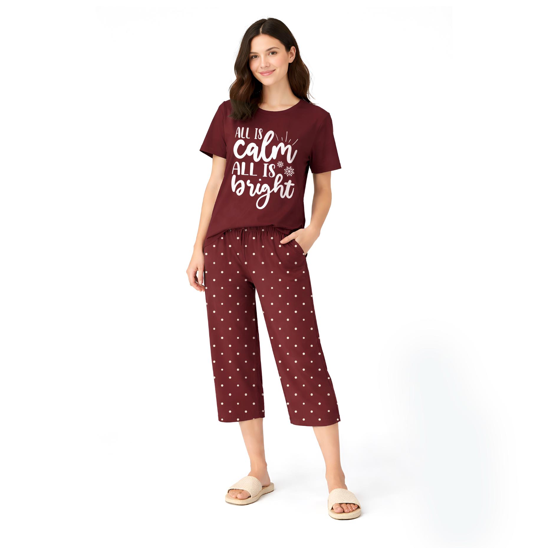 Women’s Printed Cotton Night Suit Set Soft Half Sleeve T-Shirt & Capri Pajama Nightwear Combo