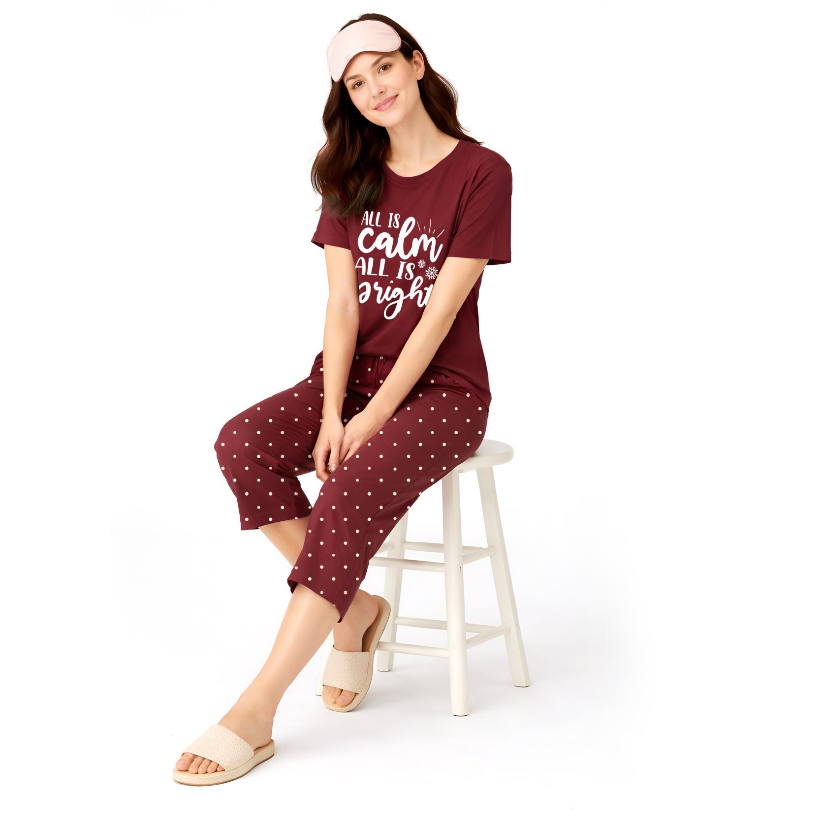 Women’s Printed Cotton Night Suit Set Soft Half Sleeve T-Shirt & Capri Pajama Nightwear Combo
