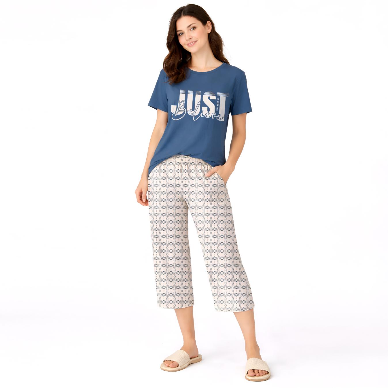 Women’s Printed Cotton Night Suit Set Soft Half Sleeve T-Shirt & Capri Pajama Nightwear Combo