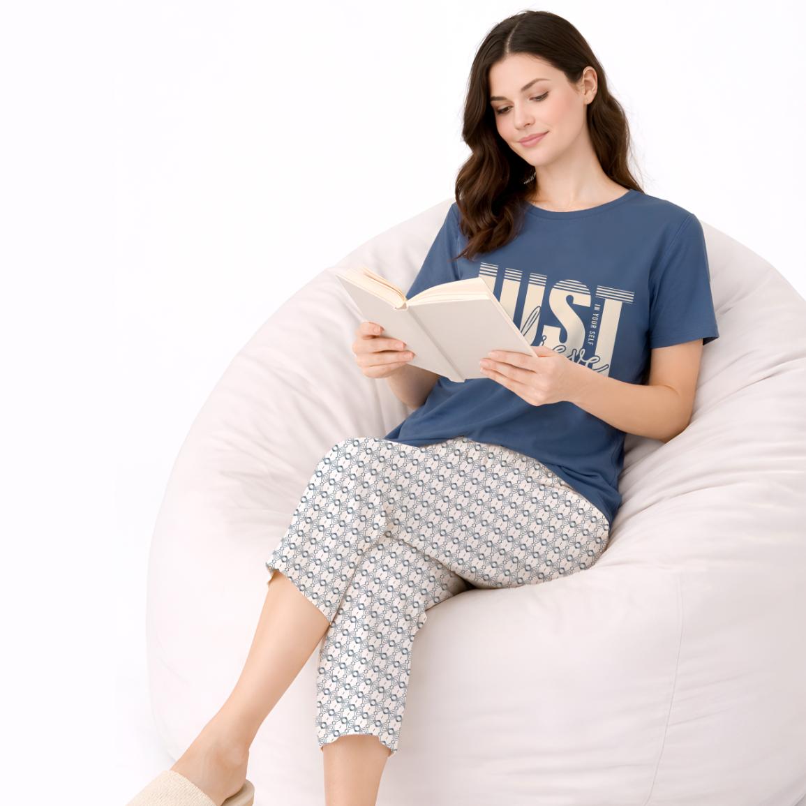 Women’s Printed Cotton Night Suit Set Soft Half Sleeve T-Shirt & Capri Pajama Nightwear Combo