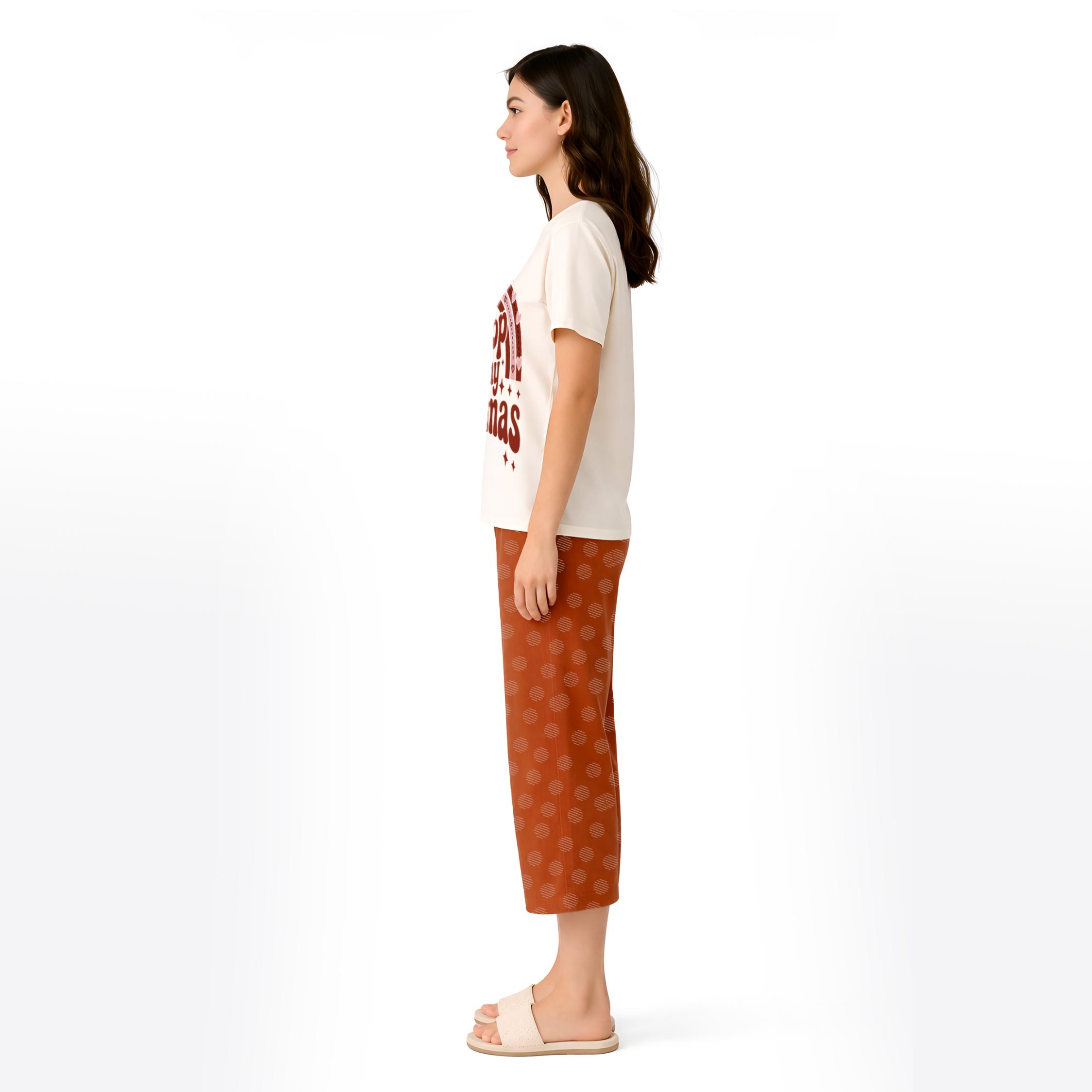 Women’s Printed Cotton Night Suit Set Soft Half Sleeve T-Shirt & Capri Pajama Nightwear Combo